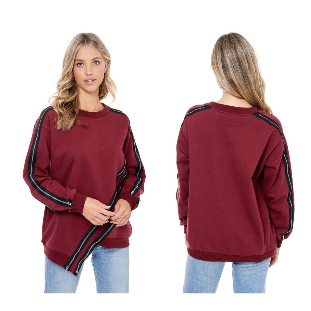 NEW TOV HOLY Wine Asymmetrical Top Sweatshirt with Zipper Trim S M L XL MSRP 108
